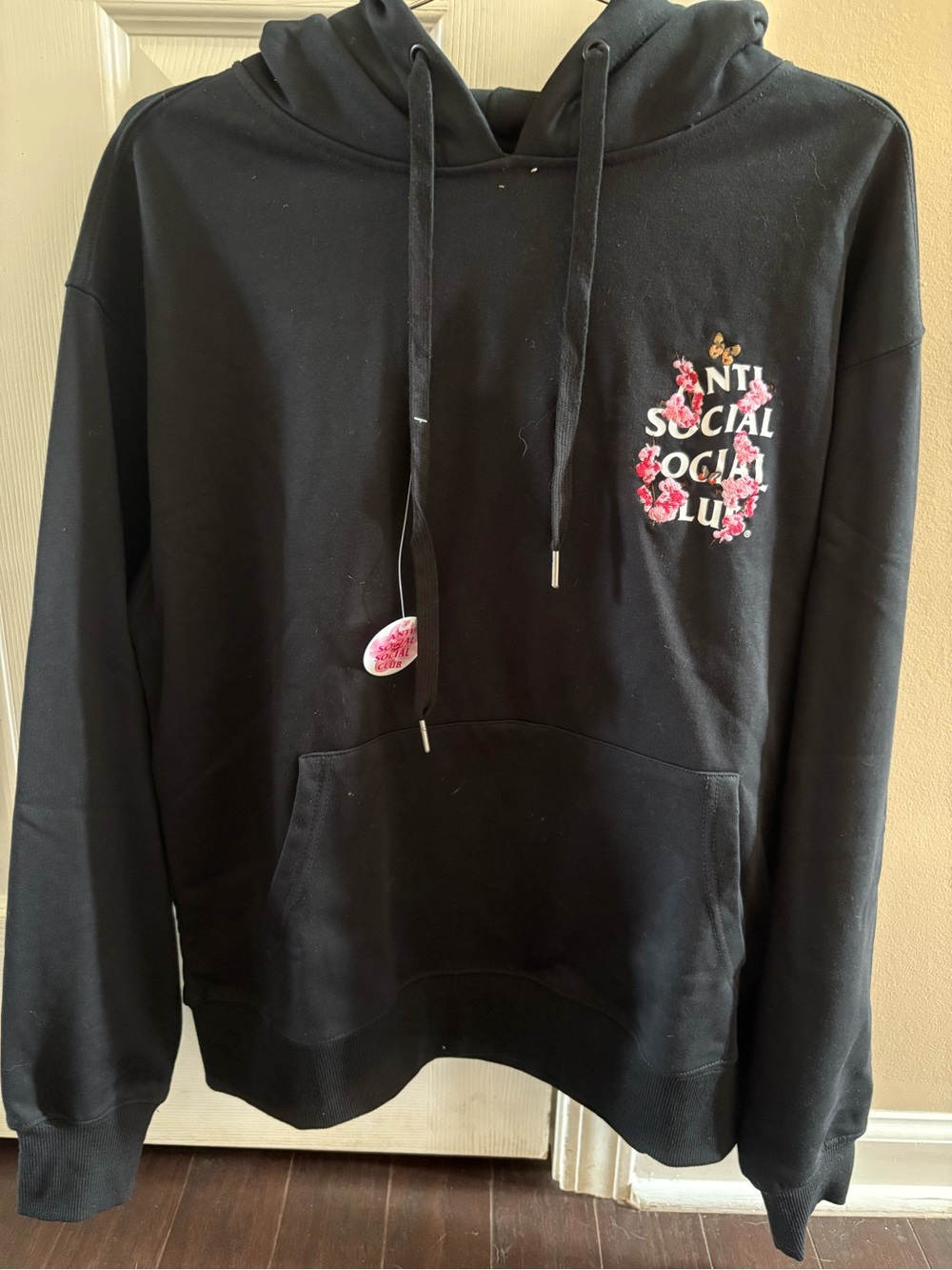 Kkoch Anti Social Social Club Black Hoodie with Pink Floral Chest Logo